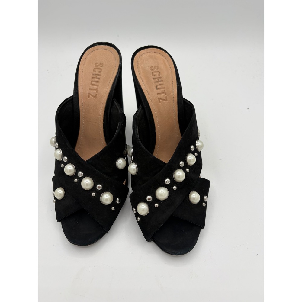 Schutz Black Suede Pearl Studded Block Heel Mules Sandals 7.5B Brazil